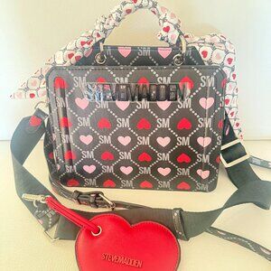 NWT STEVE MADDEN BEVELYN SCARF HEARTS SATCHEL CROSSBODY BAG BLACK COIN PURSE
